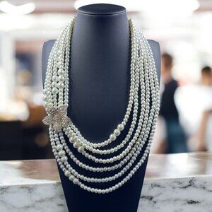 Coquette Pearlcore Statement Necklace Bridal Glam Vintage Elegant‎ Prom Jewelry